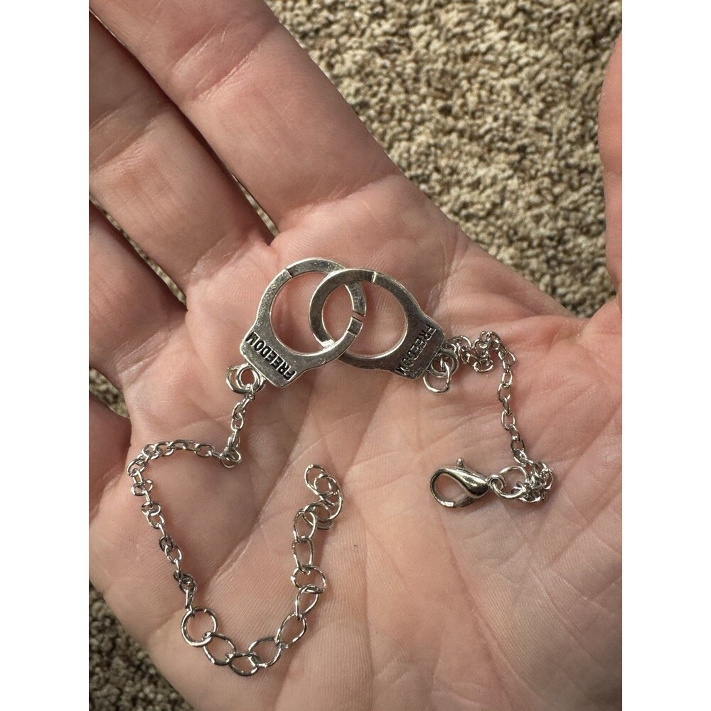 Freedom Silver Cable Chain Bracelet with Handcuff Dangle Charm Titanium